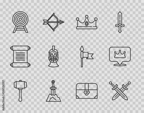 Set line Hammer, Crossed medieval sword, King crown, Sword the stone, Target with arrow, Medieval iron helmet, Antique treasure chest and Location king icon. Vector