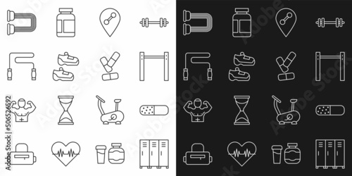 Set line Locker or changing room, Vitamin pill, Horizontal bar, Location gym, Sport sneakers, Jump rope, Chest expander and icon. Vector