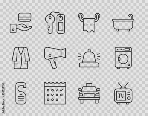 Set line Please do not disturb, Retro tv, Toilet paper roll, Hotel booking calendar, Digital door lock, Hair dryer, Taxi car and Washer icon. Vector