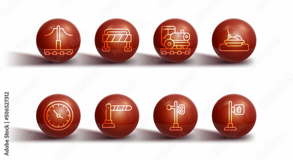 Set line Railway, Train station clock, Plate with food, traffic light, barrier, Road, Cafe and restaurant location and Vintage locomotive icon. Vector Set line Railway, Train station clock, Plate with food, traffic light, barrier, Road, Cafe and restaurant location and Vintage locomotive icon. Vector