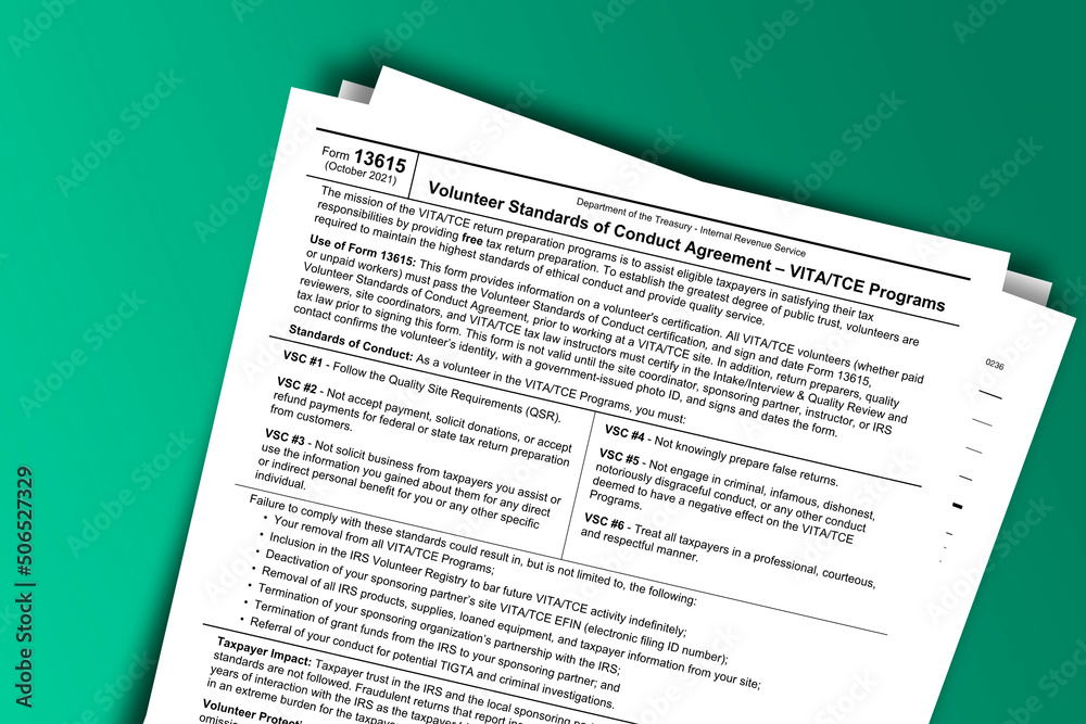 Form 13615 documentation published IRS USA 44264. American tax document on colored Form 13615 documentation published IRS USA 44264. American tax document on colored