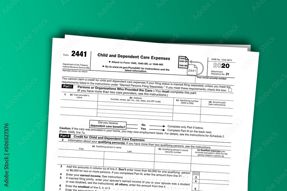 Fototapeta premium Form 2441 documentation published IRS USA 43901. American tax document on colored