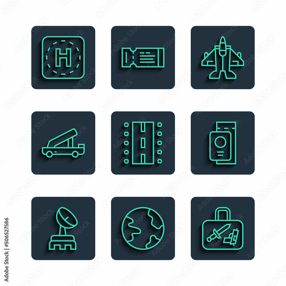 Set line Radar, Worldwide, Suitcase, Jet fighter, Airport runway, Passenger ladder, Helicopter landing pad and Passport with ticket icon. Vector Set line Radar, Worldwide, Suitcase, Jet fighter, Airport runway, Passenger ladder, Helicopter landing pad and Passport with ticket icon. Vector