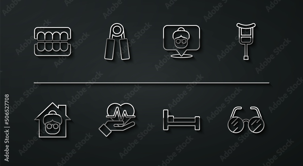 Set line False jaw, Nursing home, Crutch or crutches, Bed, Heart rate, Sport expander, Eyeglasses and icon. Vector Set line False jaw, Nursing home, Crutch or crutches, Bed, Heart rate, Sport expander, Eyeglasses and icon. Vector