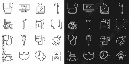 Set line Nursing home, Yarn ball with knitting needles, Pillow, Retro tv, Walking stick cane, Wheelchair, Blood pressure and Pills blister pack icon. Vector