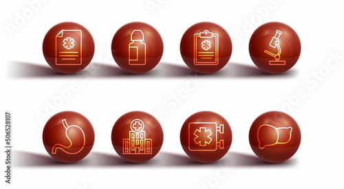 Set line Clinical record, Human stomach, Microscope, Medical symbol of the Emergency, hospital building, Eye drop bottle, organ liver and icon. Vector