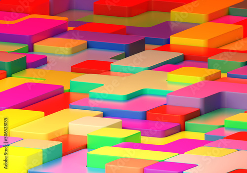Multicolored texture. Colorful pattern. Volumetric elements from tetris. Multicolored Tetris texture. Geometric 3D pattern. Abstract texture for your scenery. Children's backdrop style. 3d rendering.