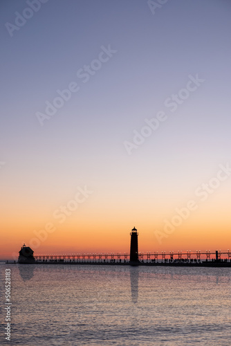 Sunset at the Grand Haven lighthouse and pier on Lake Michigan  Michigan  USA