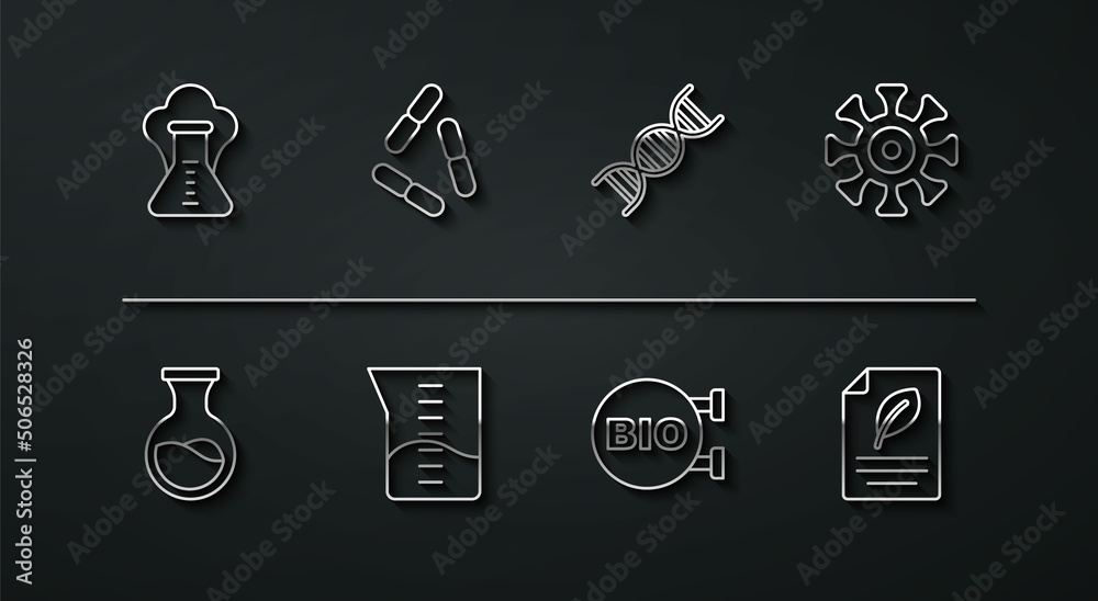 Set line Chemical explosion, Test tube and flask, Bacteria, Bio healthy food, Laboratory glassware or beaker, Virus, Eco paper with leaf and DNA symbol icon. Vector Set line Chemical explosion, Test tube and flask, Bacteria, Bio healthy food, Laboratory glassware or beaker, Virus, Eco paper with leaf and DNA symbol icon. Vector