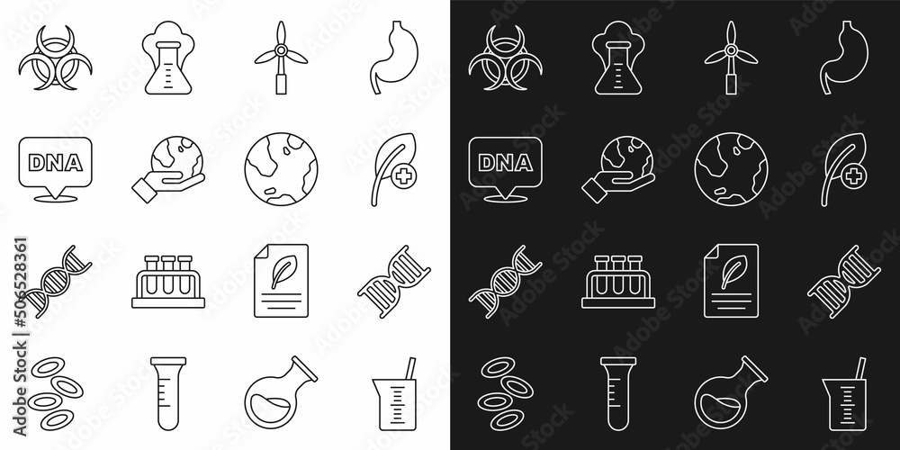 Set line Laboratory glassware or beaker, DNA symbol, Leaf leaves, Wind turbine, Hand holding Earth globe, Biohazard and icon. Vector