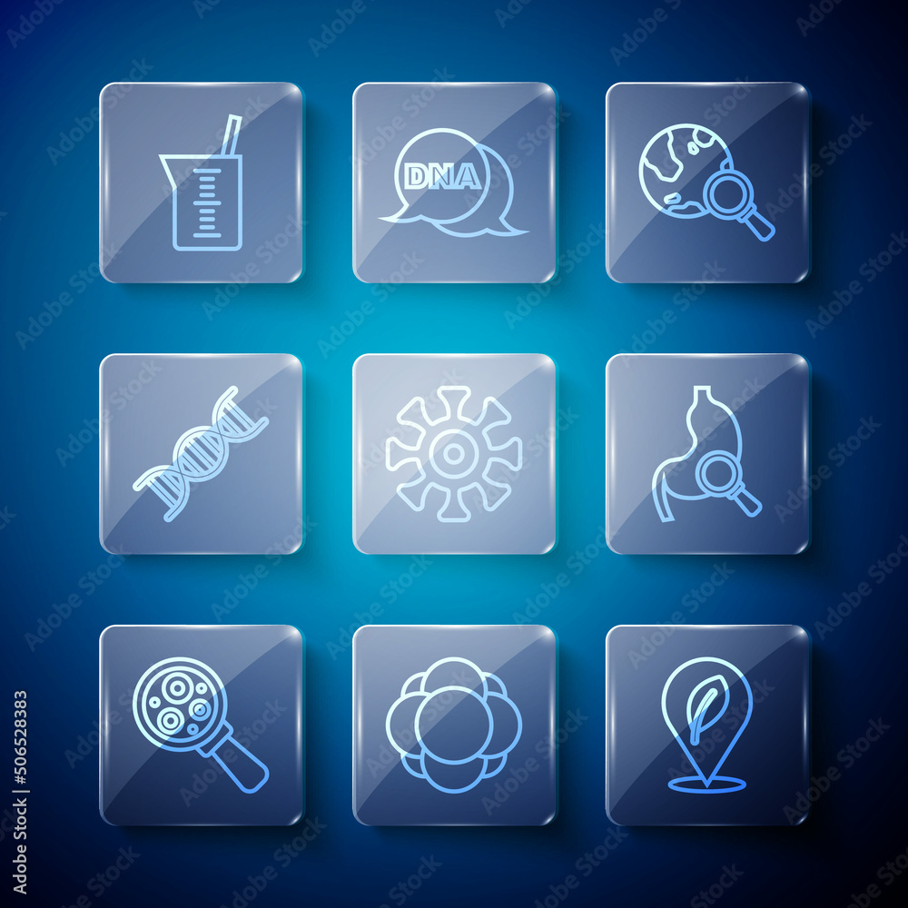 Set line Microorganisms under magnifier, Molecule, Location with leaf, Magnifying glass globe, Bacteria, DNA symbol, Laboratory glassware beaker and Stomach magnifying icon. Vector Set line Microorganisms under magnifier, Molecule, Location with leaf, Magnifying glass globe, Bacteria, DNA symbol, Laboratory glassware beaker and Stomach magnifying icon. Vector