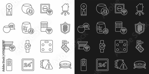 Set line Robot vacuum cleaner, Digital door lock, Fingerprint, Smart electrical outlet, Voice assistant, coffee machine and Air humidifier icon. Vector