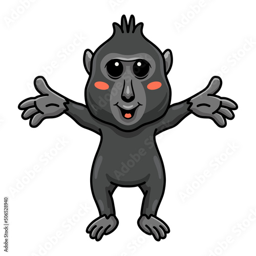 Cute little crested black macaque cartoon raising hands