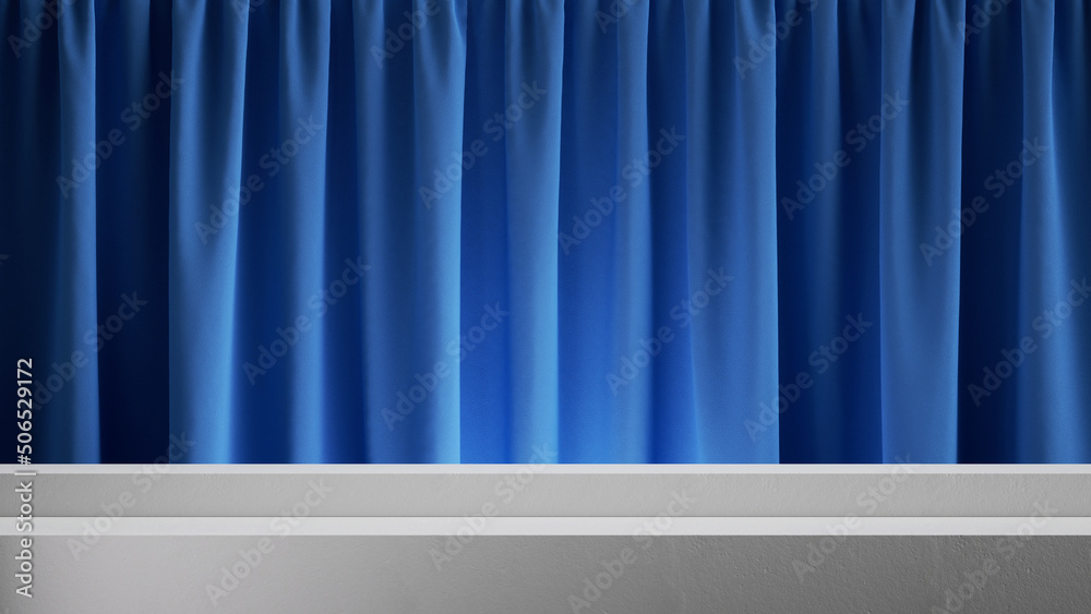 3d render, abstract simple background with blue velvet curtain and white stage steps for product presentation 3d render, abstract simple background with blue velvet curtain and white stage steps for product presentation