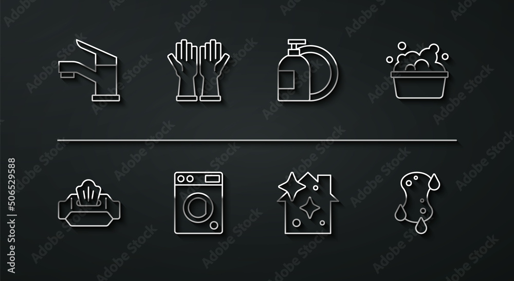 Set line Water tap, Wet wipe pack, Basin with soap suds, Home cleaning service, Washer, Rubber gloves, Sponge and Dishwashing liquid bottle icon. Vector Set line Water tap, Wet wipe pack, Basin with soap suds, Home cleaning service, Washer, Rubber gloves, Sponge and Dishwashing liquid bottle icon. Vector