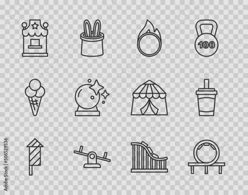 Set line Firework rocket, Roller coaster, Circus fire hoop, Seesaw, Ticket box office, Magic ball, and Paper glass with water icon. Vector