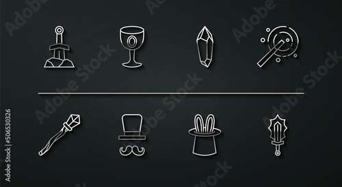 Set line Sword in the stone  Magic staff  wand  Magician hat rabbit ears  Medieval goblet  sword fire and icon. Vector