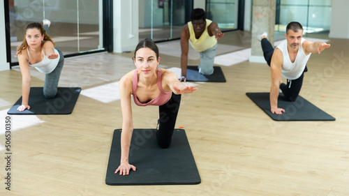 Young woman maintaining active lifestyle exercising during group pilates class in modern fitness center