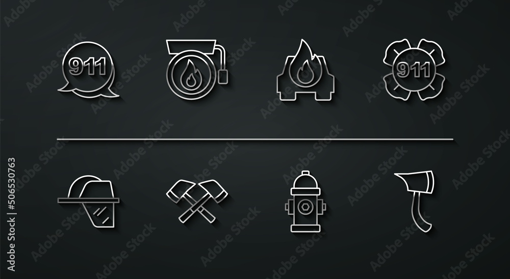 Set line Emergency call 911, Firefighter helmet, hydrant, axe, Ringing alarm bell, and Burning car icon. Vector Set line Emergency call 911, Firefighter helmet, hydrant, axe, Ringing alarm bell, and Burning car icon. Vector
