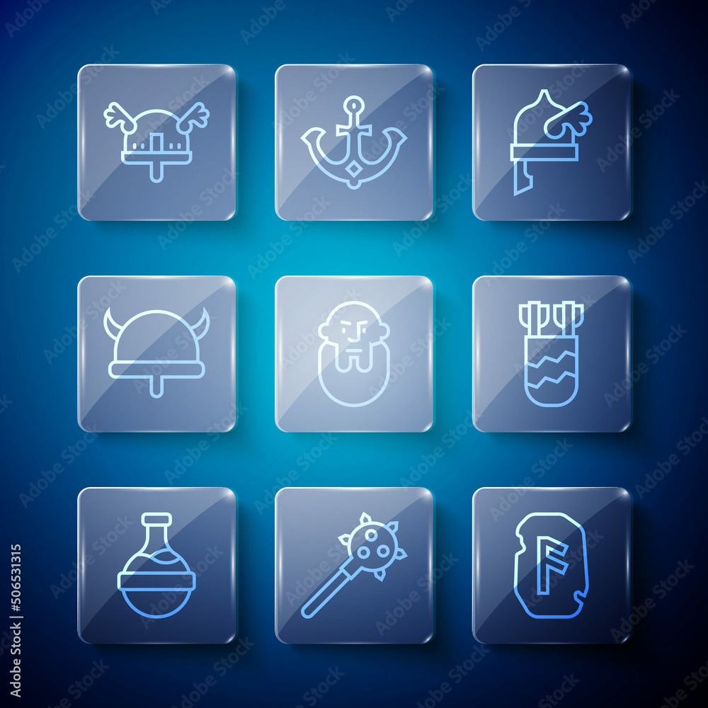 Set line Bottle with potion, Mace spikes, Magic rune, Viking in horned helmet, head, and Quiver arrows icon. Vector Set line Bottle with potion, Mace spikes, Magic rune, Viking in horned helmet, head, and Quiver arrows icon. Vector