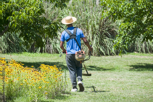 Young latino rural worker mows the lawn with a lawn garden edger machine.