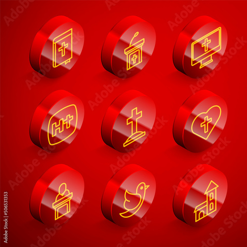 Set line Holy bible book, Church sermon tribune, Christian cross monitor, Grave with, in heart, pastor preaching and Dove icon. Vector