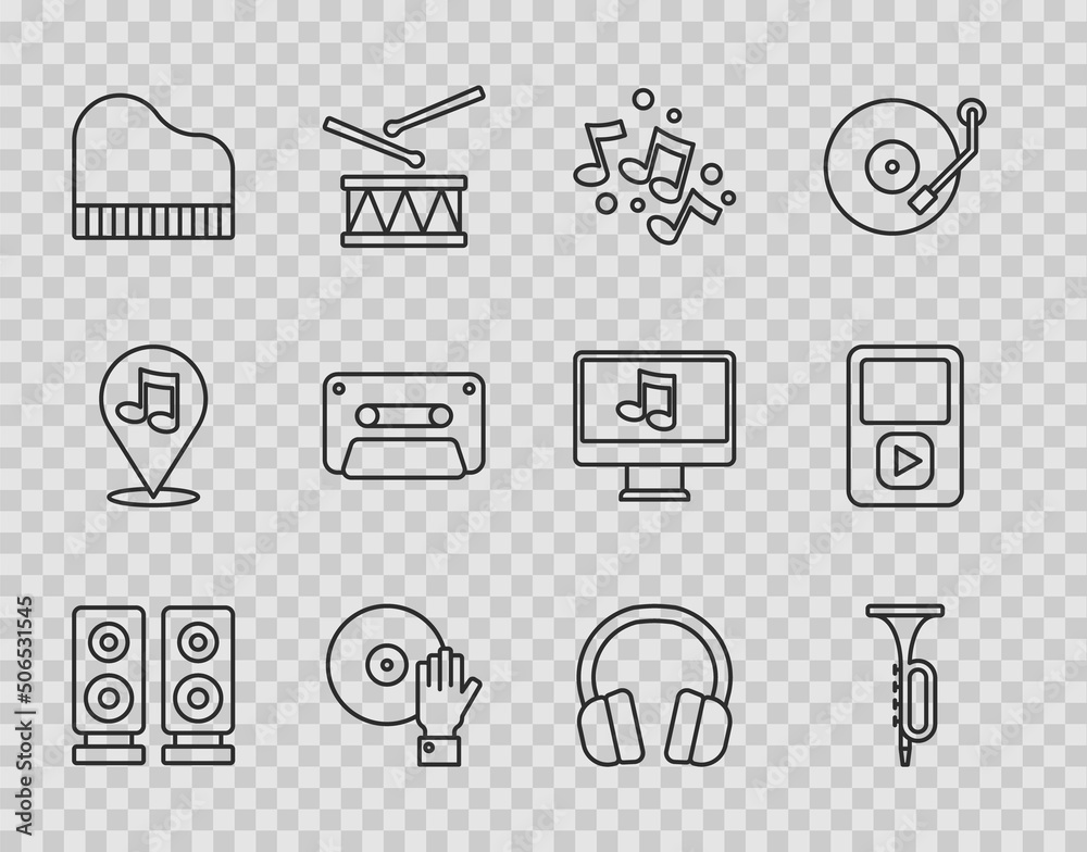 Set line Stereo speaker, Trumpet, Music note, tone, DJ playing music, Grand piano, Retro audio cassette tape, Headphones and player icon. Vector Set line Stereo speaker, Trumpet, Music note, tone, DJ playing music, Grand piano, Retro audio cassette tape, Headphones and player icon. Vector