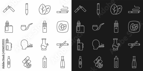 Set line Vape liquid bottle, No smoking, Tobacco leaf, pipe, mod device, Broken cigarette and icon. Vector