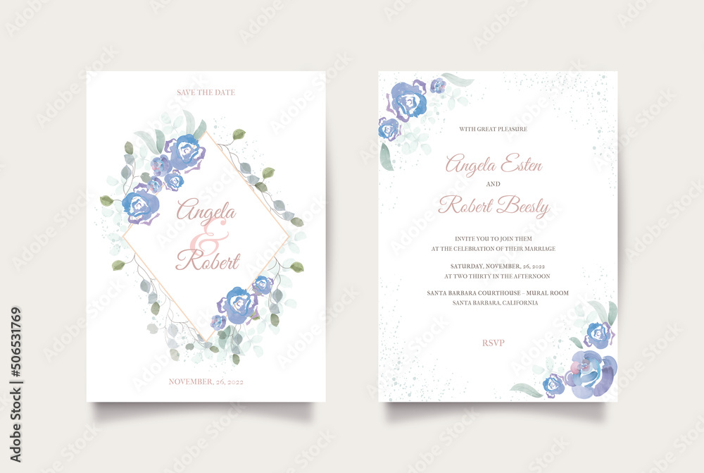 Watercolor blue roses wedding invitation template