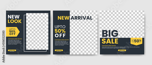 Set of Editable minimal square banner template. Suitable for social media post and web internet ads. black and yellow color background.