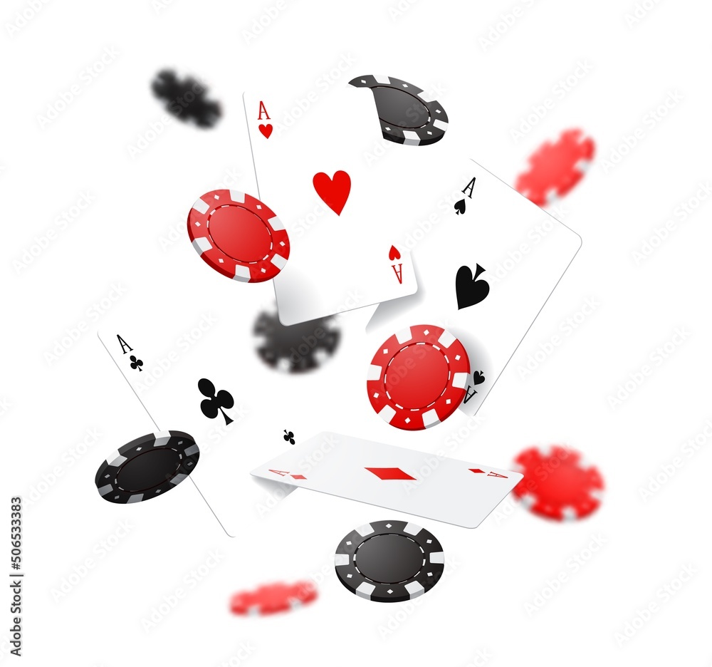 Flying poker cards and chips, casino gambling game. Realistic 3d vector jack pot, falling red and black round pieces. Big win online casino bets, internet gamble or vegas club playing recreation - obrazy, fototapety, plakaty 