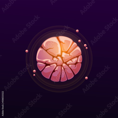 Cartoon space planet with brain shape, fantasy galaxy and cyber galactic worl. Vector alien planet with AI satellites or fantastic galactic stars with brain craters, cartoon game UI object