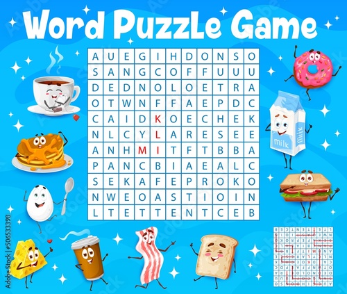 Cartoon breakfast characters word search puzzle game worksheet. Vector kids quiz grid with funny sandwich, egg, donut, cheese and tea. Bacon and toast, pancakes and milk or coffee personages