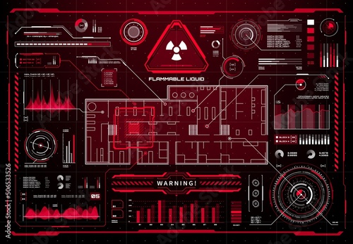 HUD fire protection and safety system display interface. Warning alert of fire ignition. Radioactive pollution danger message info box or vector call out title, infographics with sound wave and graph