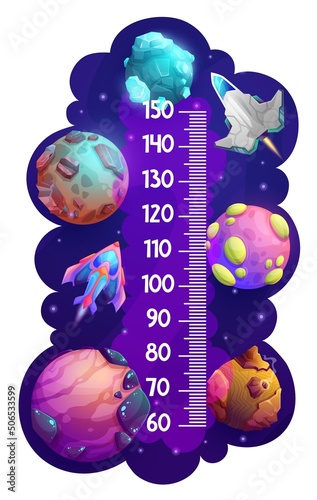 Kids height chart ruler with cartoon space planets and starship, vector measure meter. Child height scale measurement with galactic rockets and fantasy space shuttles, spaceships in galaxy