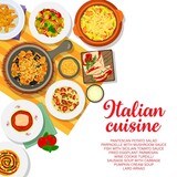Italian food menu, Italy cuisine pasta dishes and traditional meals, vector. Italian cuisine restaurant menu cover with pappardelle pasta, pantescan potato salad, wine cookie turdilli and pumpkin soup
