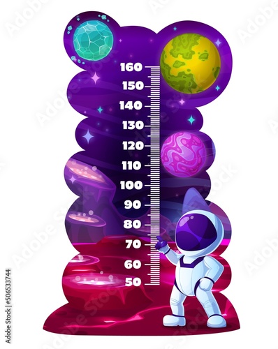 Cartoon galaxy planets and astronaut vector kids height chart or growth meter. Children stadiometer ruler with space background, cute spaceman, stars and craters, growth measure scale wall sticker
