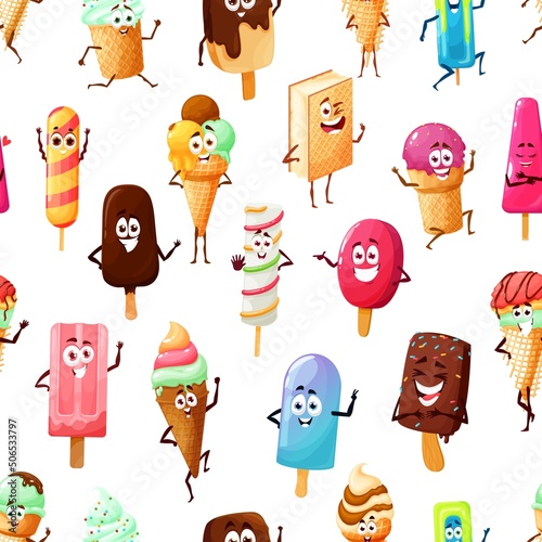 Cartoon ice cream eskimo, popsicle, waffle cone characters seamless pattern. Vector background of smiling sweet food, chocolate and vanilla scoop, stick and sandwich, fruit sorbet or gelato personages