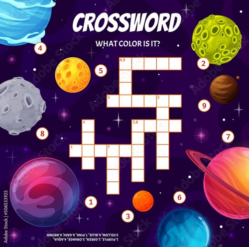 Find color of space planet, crossword grid worksheet, vector find word quiz game. Kids education riddle crossword to guess colors of planets and asteroids in fantasy galaxy space