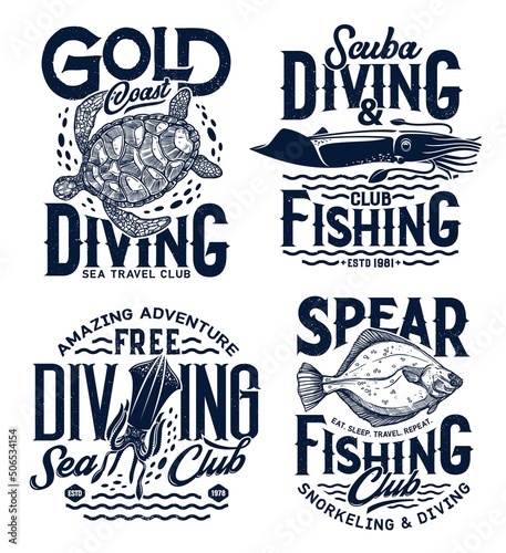 Sea diving, snorkeling and fishing t-shirt prints, vector ocean waves and fishes. Fishing and sea travel club, snorkeling and scuba diving center emblems with squid, turtle and flounder, marine quotes