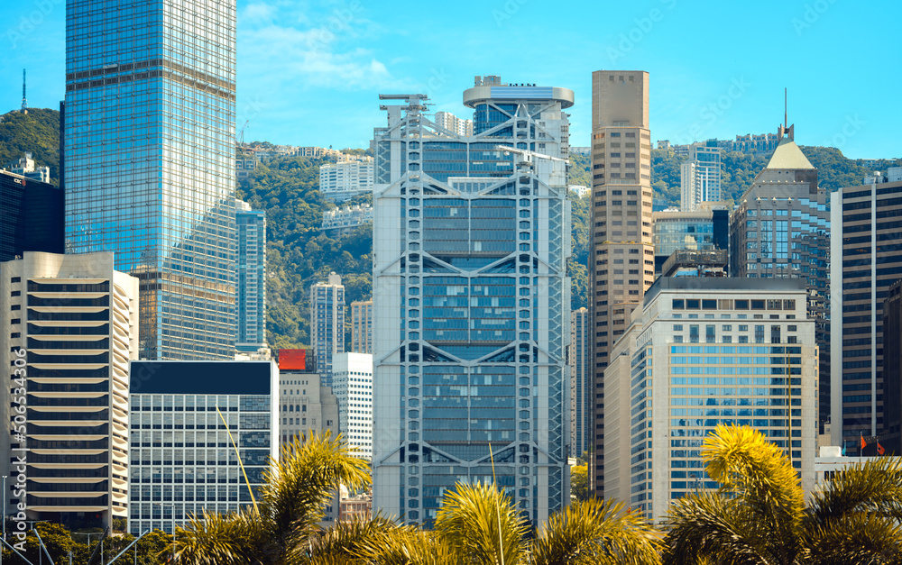 Fototapeta premium Modern office building close up in Hong Kong