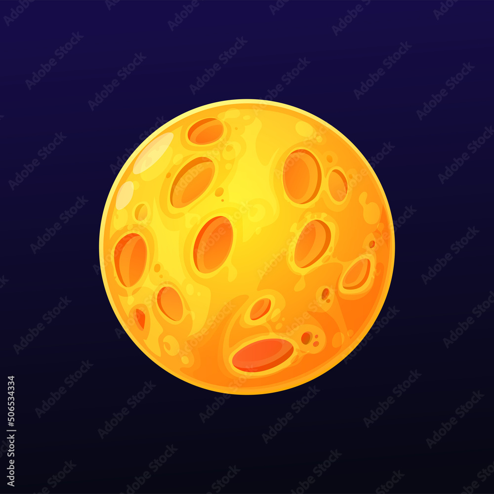 Cartoon yellow space planet with craters, vector Moon, galaxy globe with holes, sphere in universe. Isolated ui game object, fantasy alien world in dark sky, astronomy science comet, meteor, orb Cartoon yellow space planet with craters, vector Moon, galaxy globe with holes, sphere in universe. Isolated ui game object, fantasy alien world in dark sky, astronomy science comet, meteor, orb