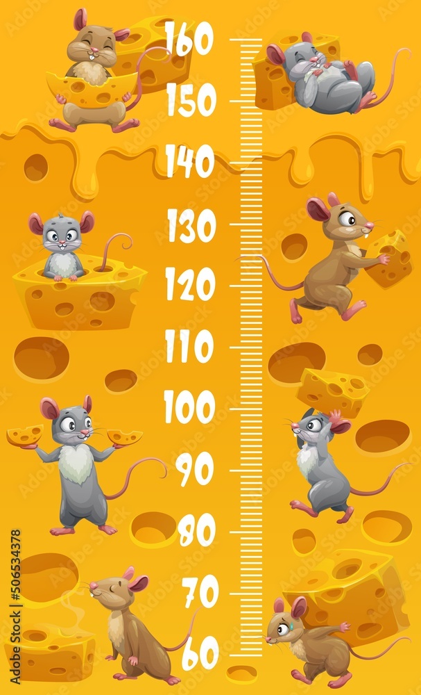 Cartoon mice and mouses personages with cheese. Kids height chart