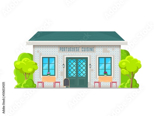 Portuguese cuisine restaurant building icon. Vector cafe or street food house exterior facade with Azulejo tiles, windows and front door, terrace tables, chairs and menu stand, flowers and trees