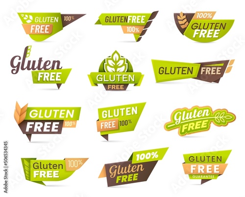 Gluten free labels and icons. Vector tags or emblems for eco food with wheat ears. Gluten free badges of organic natural product, bio nutrition, premium quality certification warranty isolated labels