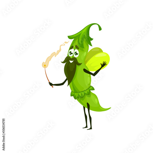 Green pea wizard or sorcerer, vector funny peas magician cartoon character with magic wand making spell. Funny smiling enchanter healthy food, fascinator veggies personage, isolated wiz conjurer