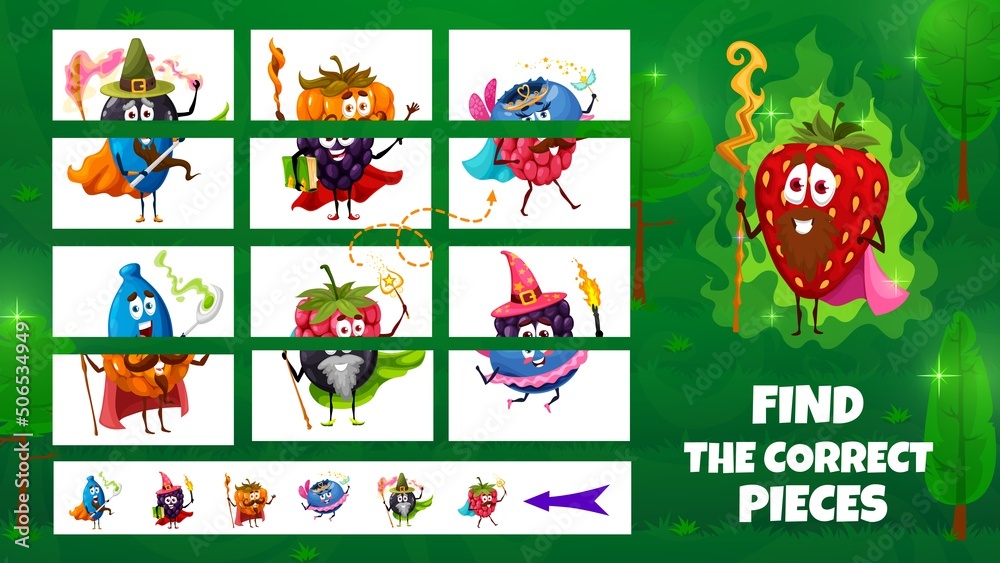 Fototapeta premium Cartoon funny wizard and fairy berries characters. Find the correct pieces game worksheet, kids riddle with matching and comparing task. Child logical quiz or puzzle game page with berries sorcerers