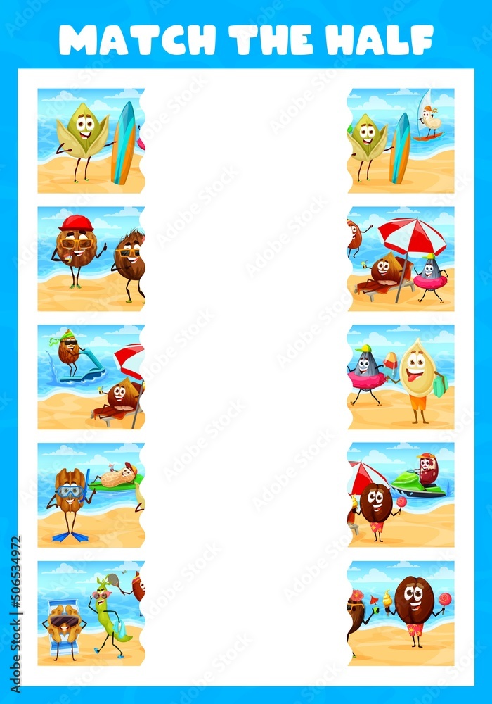 Obraz premium Match the half. Cheerful nuts on summer beach kids game worksheet. Children puzzle or riddle with cute pistachio, hazelnut and seeds, coffee bean, walnut and cocoa happy characters leisure on seacoast