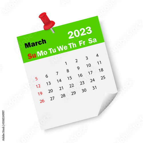 Green calendar march 2023 with pin. Calendar reminder 2023. Business plan schedule. Vector illustration. stock image.