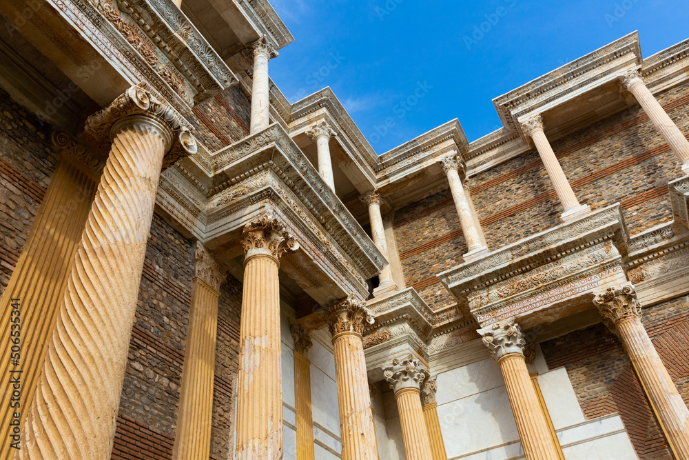 Architectural details of ruined Marble court in ancient Roman bath gymnasium complex in Sardis, Salihli, Turkey